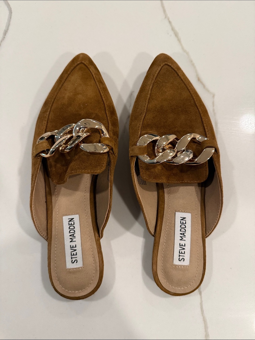 Steve Madden Tan Suede Pointed Mule with Chunky Chain
